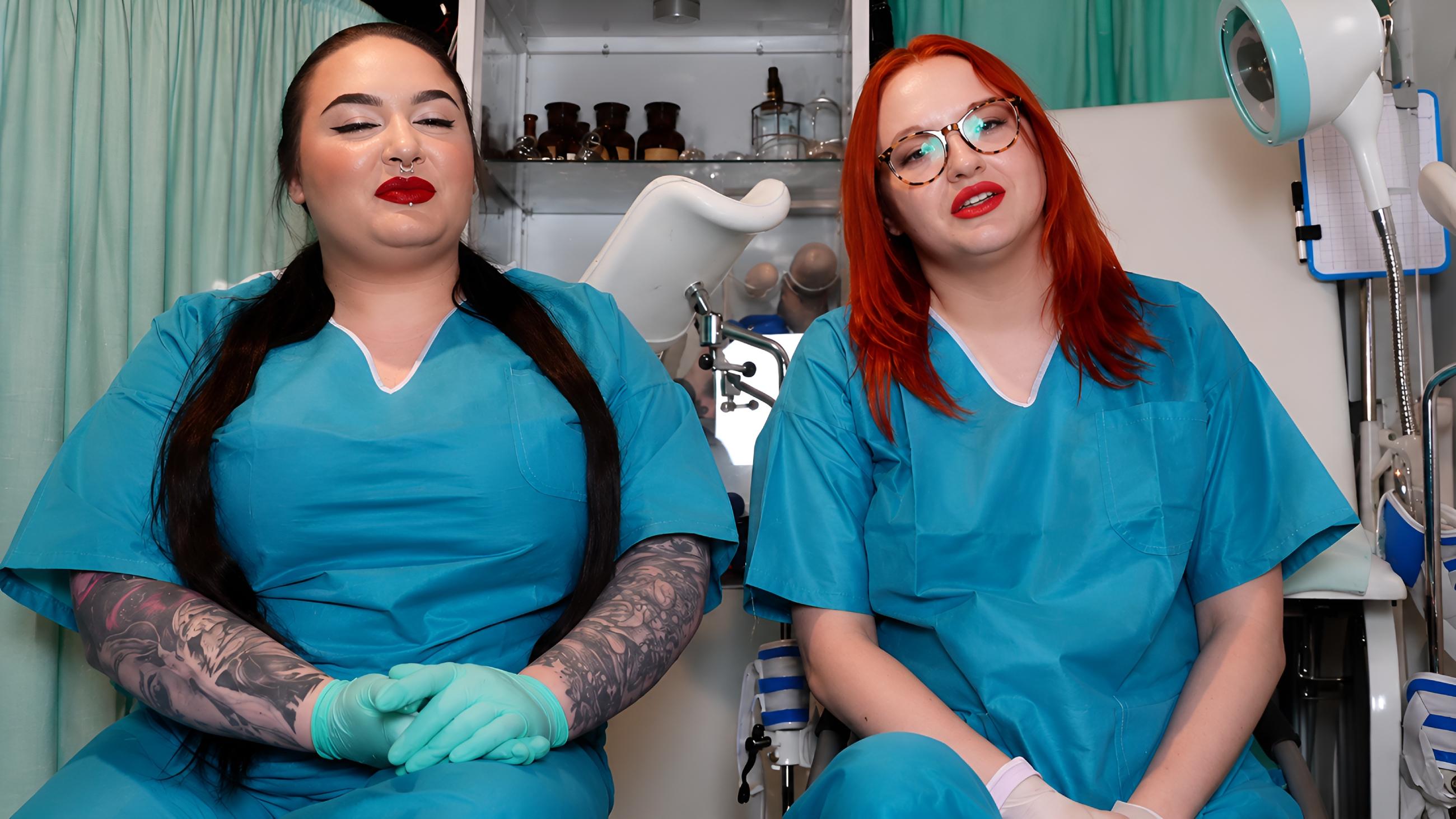 Madame Madomme bitch and fake prostitutes posing in medical fetish setting